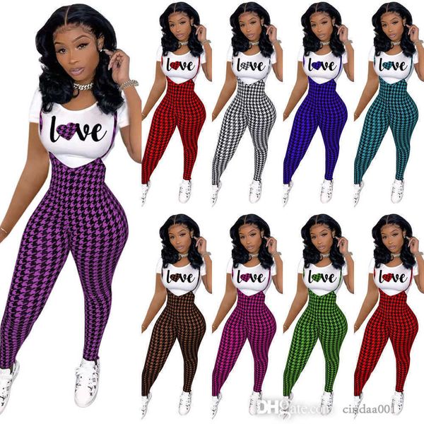 womans fashion pants outfits pattern printed short sleeved t-shirt and suspender jumpsuit two piece jogger set valentine's day clothes, White